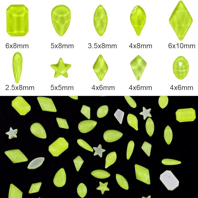 820pcs Glitter Neon Yellow Crystals Glue Fix Mix Multi Shapes 3D Nail Gem Stones Charms Bulk Round Diamond 7 Sizes Assorted for Acrylic Nails Supply