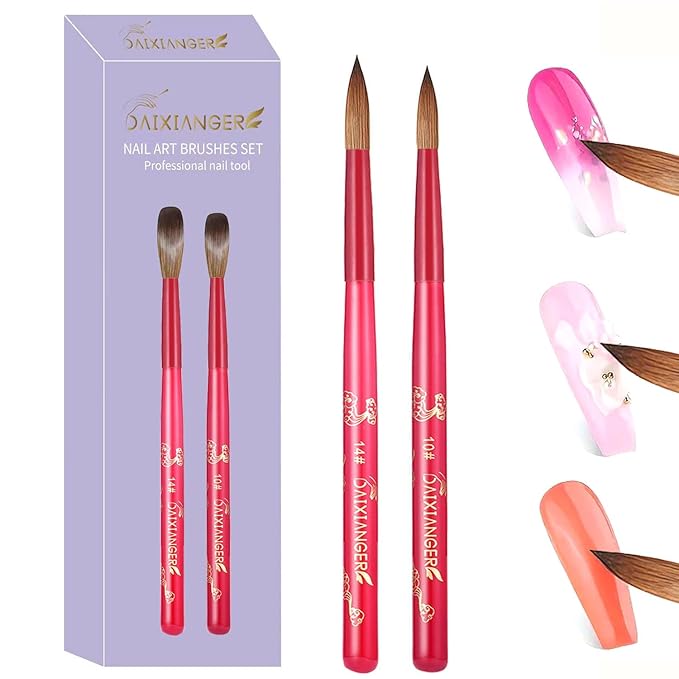 2Pcs New Year Acrylic Nail Art Brush Set -Size 10/14, Red Handle Nail Brushes for Acrylic Application Powder & Nail Extension, 3D Nail Carving Tools for DIY Home Salon Manicure