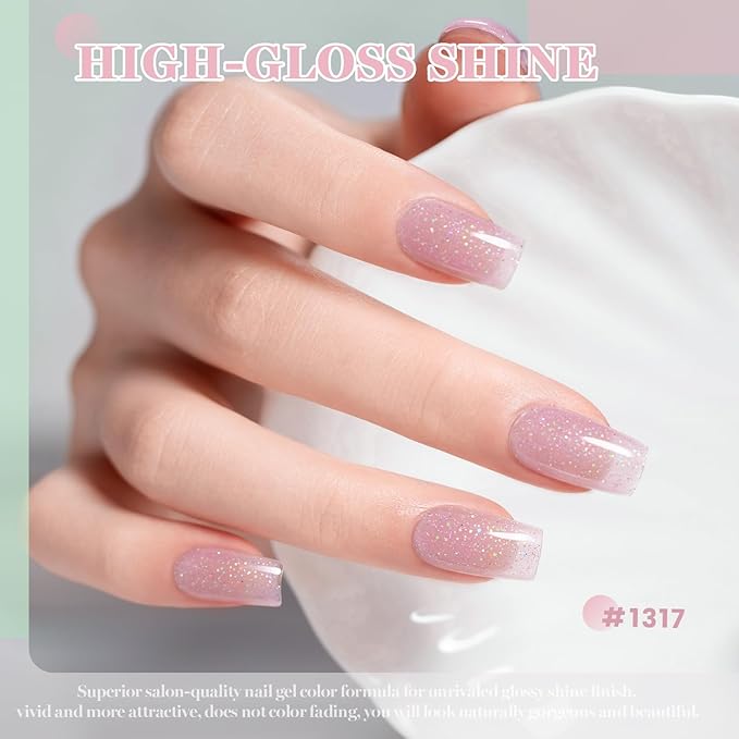 RARJSM Nude Pinkish Beige Rainbow Glitter Rubber Base Coat Gel Nail Polish Natural Skin Tone Iridescent Shimmer Brush on Extend Jelly Gelpolish Soak Off Curing Requires 15ml Salon Home French Manicure