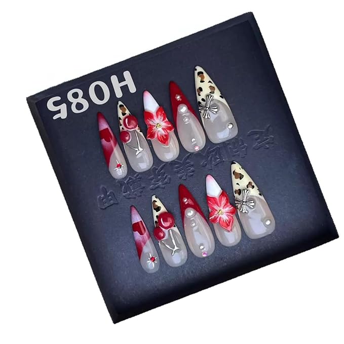Handmade Press on Nails Long Stiletto Fake Nails Leopard French tips False Nails with Cheery Flower Design Red Heart Pearl Charms Handmade Nail Reusable for Women Girls Daily Wear Manicure Size L