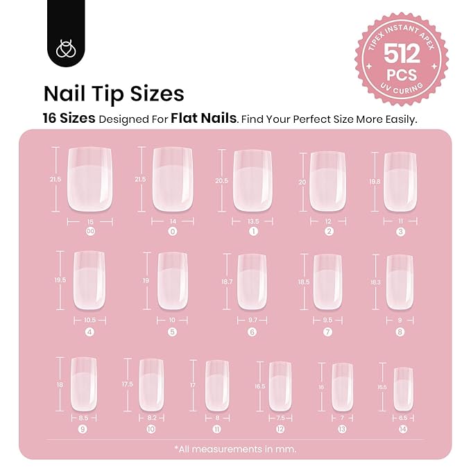 Beetles Tipex Instant Apex Nail Tips, 512Pcs Short Square Upgraded Pre-building Pre-Etched Half Matte Gel Nail Tips, 16 Sizes Thicker Acrylic Nail Strong Nail Extension