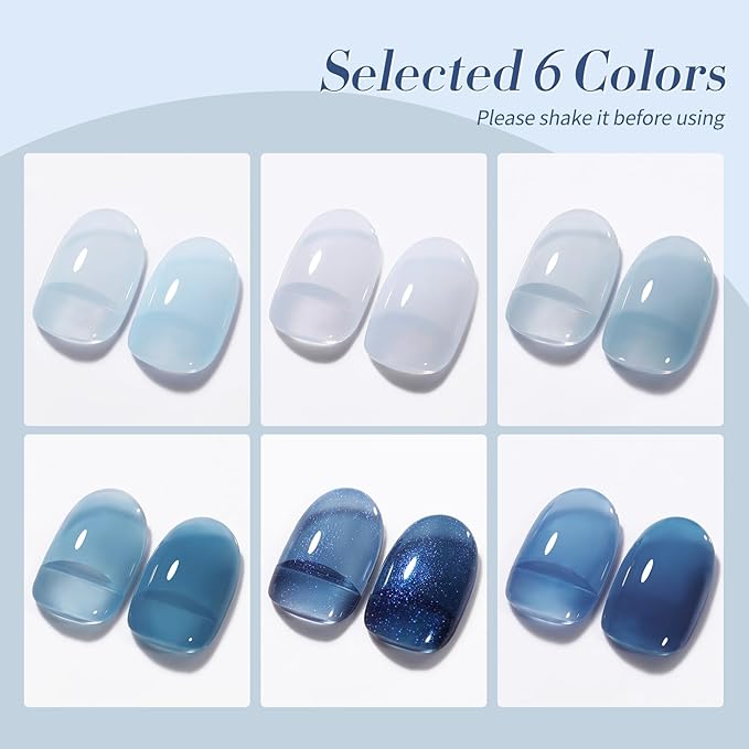 Born Pretty Jelly Blue Gel Nail Polish Set 6 Colors Translucent Light Baby Royal Blue Reflective Glitter Nail Gel Kit Soak Off Nail Art Manicure Design Home Salon Holiday Gift