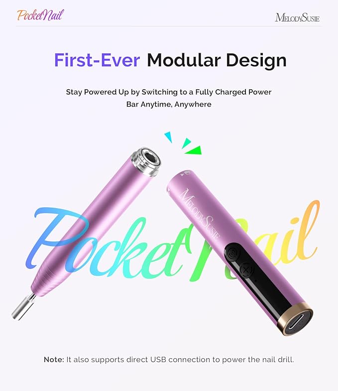 MelodySusie PocketNail Pen-Shaped Cordless Modular Nail Drill, PC100GR 20000RPM Slim Portable Rechargeable Electric File for Manicure Pedicure Nail Care, Shaping & Gel Removal at Home for Beginners