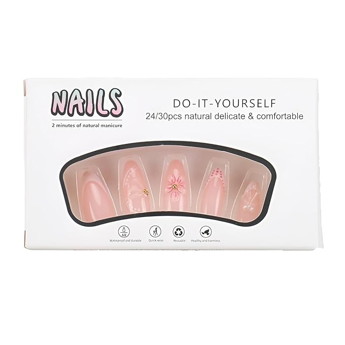 French Tip Press on Nails Medium Almond Fake Nails Flower False Nails Glossy Full Cover Nails Press Ons with Pearl Design Nude White Glue on Nail DIY Acrylic Stick on Nail for Women 24Pcs