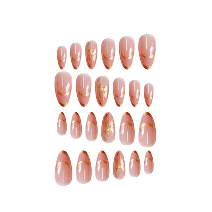 Short Press on Nails Almond Fake Nails French False Nails Gold Artificial Nails with Flowers Designs Stick on Nails for Women 24pcs