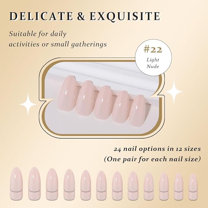evpct Light Nude Pink Glossy Press on Nails Medium Almond for Women Gift, Glossy Soft Gel Fake Nail Salon Quality with Nail Kit Set Kit, Full Cover Reusable Stick on Acrylic False Nails Perfectly Fit