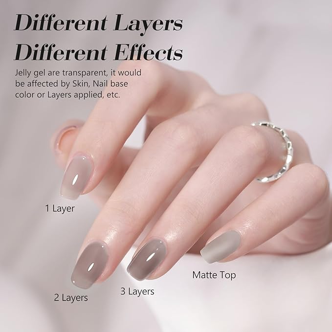 CANNI Jelly Gel Nail Polish Set – 6 Colors (Milky White, Nude, Grey), 9ML Sheer Translucent Neutral Gel Polish, Soak Off UV LED, High Gloss Salon Manicure for Women