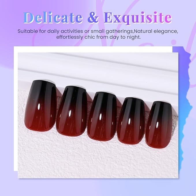 Black Dark Red Ombre Glossy Press on Nails Coffin Acrylic Fake Nails Stylish Design, Natural Reusable Nails Kit for Women DIY False Nail Art Decoration Gift, Salon Quality Reusable 15/30 Pcs