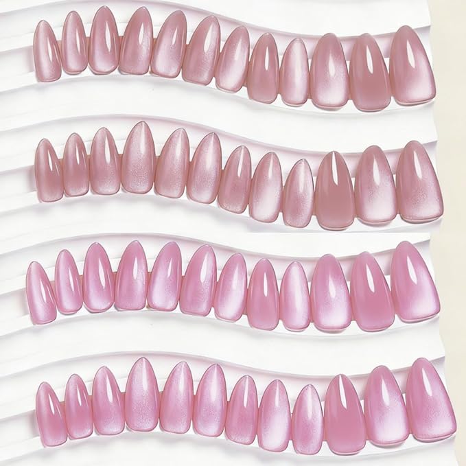 KQueenest 4 Packs Cat Eye Press On Nails Almond, Glitter Chrome Press On Nails Medium, Pastel Fake Nails Press Ons Almond, Sparkle Glue On Nails for Daily Party, 96 Pcs False Nails Kit