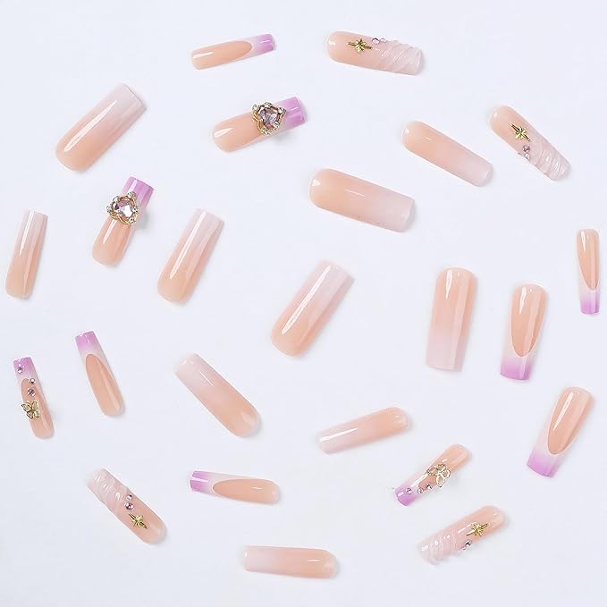 MISUD Press on Nails - Long Square Fake Nails with Purple French Tip, Acrylic Gold Charms Design 24 pcs