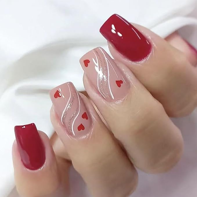 Valentines Heart Press on Nails Short Square Fake Nails Red Valentines Nails Press ons with Glue Designs Glossy Acrylic Nails Reusable Full Cover Glue on Nails for Women Holiday Manicure 24Pcs