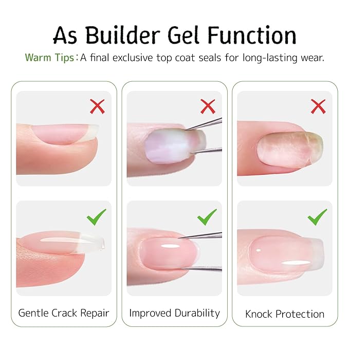 6-in-1 Builder Base Coat Set for Nails, 2 Pack Crystal Clear Soft Gel Polish Strengthening Building Apex Extension Thickening Enhancement for Home DIY Beginner Salon Manicure(U V Curing)