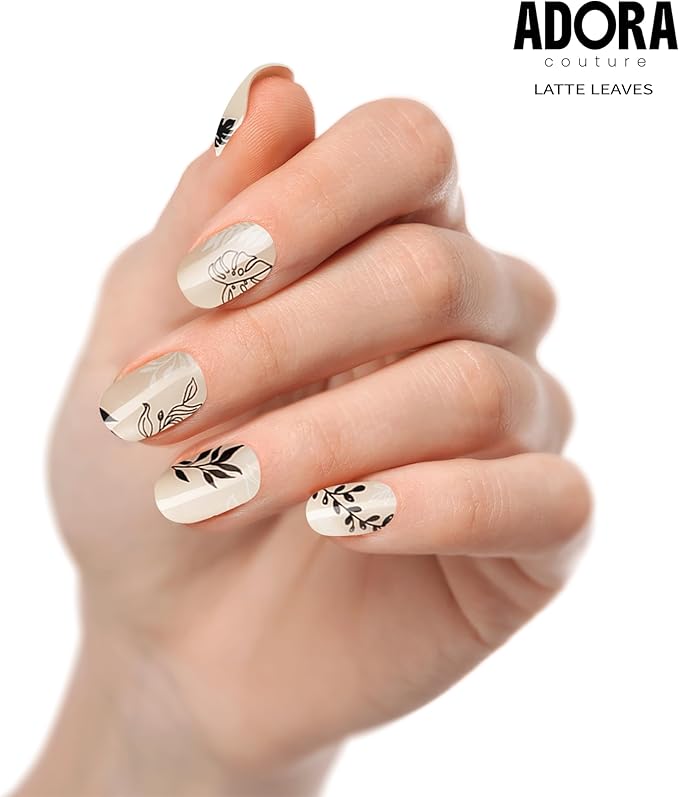 Semi-Cured Gel Nail Strips - 20 Salon-Quality Gel Sticker with UV Light Required, Long Lasting, Easy Application & Removal, Includes Prep Pad, Nail File, Wooden Stick (Latte Leaves)