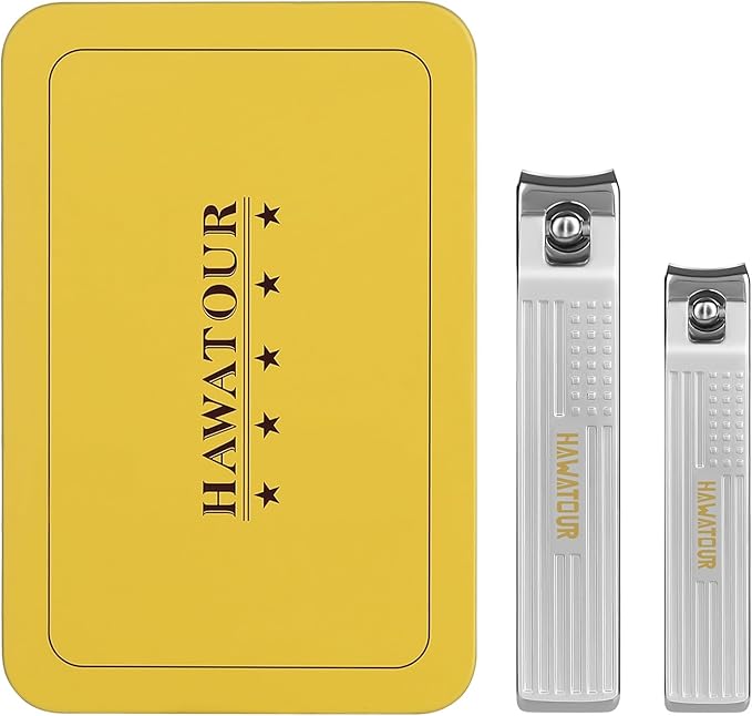 HAWATOUR Nail Clippers Set, Ultra Sharp Curved Blade Fingernail and Toenail Clipper Cutters with Visibly Tin Case, Squares and Stripes (Silver)
