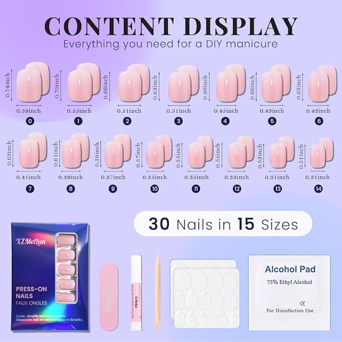 Pink White Ombre Press on Nails, Short Square Acrylic Fake Nails Design, Natural Reusable Nails Kit for Women DIY False Nail Art Decoration Gift, Salon Quality Reusable 15/30 Pcs