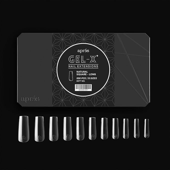 Aprés Gel-X® Natural Square Long Tip Box | 500pc Gel-X Tips, 11 Sizes 00-9, Premium Quality