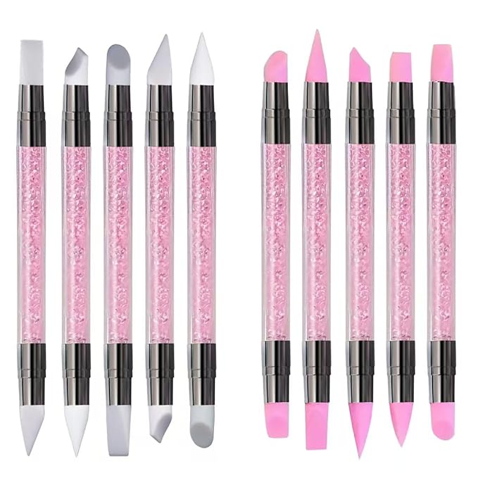 5Pcs Double-Ended Silicone Nail Art Brushes, Dual-Tip Dotting & Sculpting Tools for Gel Polish, 3D Nail Art, Shaping, Drawing, Embossing & Manicure Clean Up-Pink