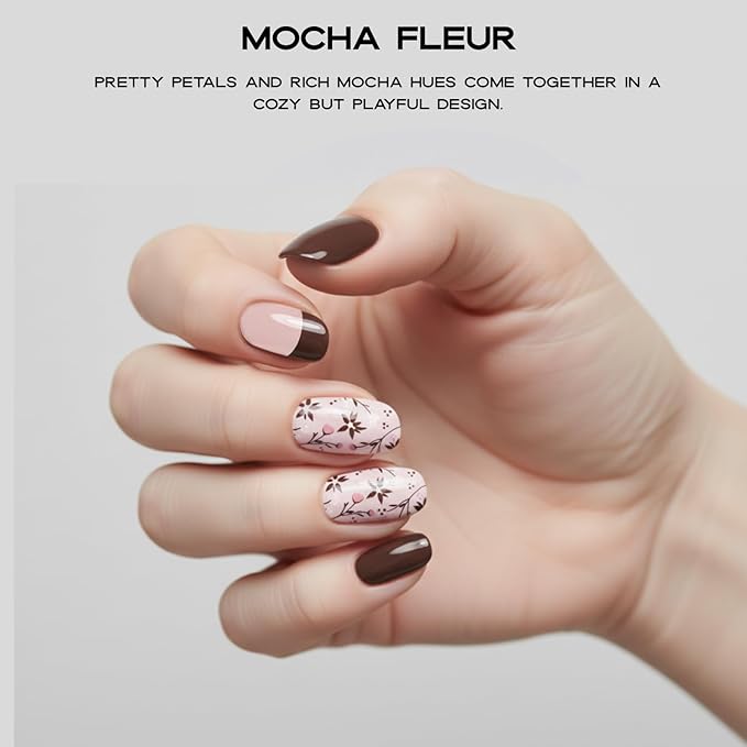Semi Cured Gel Nail Strips with 30 Pieces - Salon Quality Manicure Kit for Women Easy Application Wraps Includes Prep Pads Nail File Wooden Stick, UV Light Required - Mocha Fleur