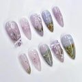 24Pcs Purple Press on Nails Medium Almond Fake Nails with 3D Bow Pearl Designs Glue on Nails Spring Summer Flower Acrylic Nails Cute Floral False Nails Full Cover Glitter Stick on Nails for Women