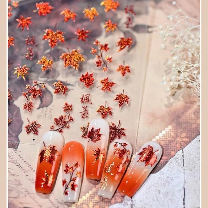 Maple Leaves Nail Stickers 3D Self Adhesive Orange Nail Art Stickers 5D Embossed Colorful Leaf Nail Decals Fall Autumn Nail Designs Cute Yellow Nail Art Supplies for Women Girls 1 Sheet