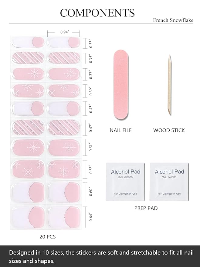 Semi Cured Gel Nail Strips (French Snowflake), Christmas, 20 Pcs Gel Nail Wraps, Stickers, Salon Quality, Long Lasting, Works with Any UV Lamps