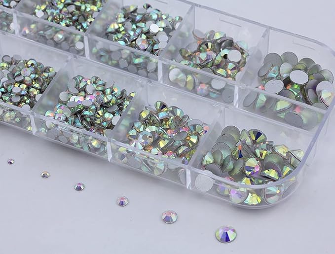 Over 2100 Pieces Crystal AB Flat Back Glass Rhinestones Crystals for Nail Art Kit 6 Sizes (1.4mm - 4.8mm)
