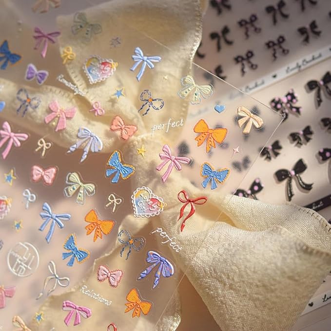 Bow Nail Stickers Decals Cute Nail Art Stickers Colorful Nail Decals 5D Self Adhesive Bow Knot Nails Art Decals Nails Charms Supply for Women Girls Kid Manicure Decoration Accessories 2 Sheets