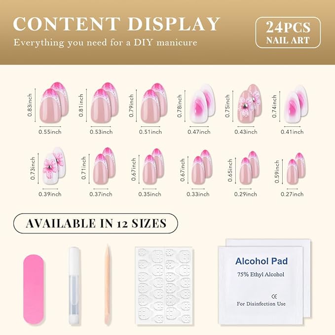 evpct 3D Flower French Tip Press on Nails Short Almond, Nude Pink White Glossy Fake Nails with Peach Flower & Rhinestones Designs, Stick on Nails with Nail Kit, 24Pcs Reusable Stick on Nail Kit Women