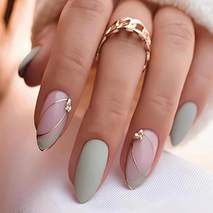 Almond Press on Nails Medium - Green Fake Nails with Gold Line Design - Full Cover Stick on False Nails for Women 24 Pcs