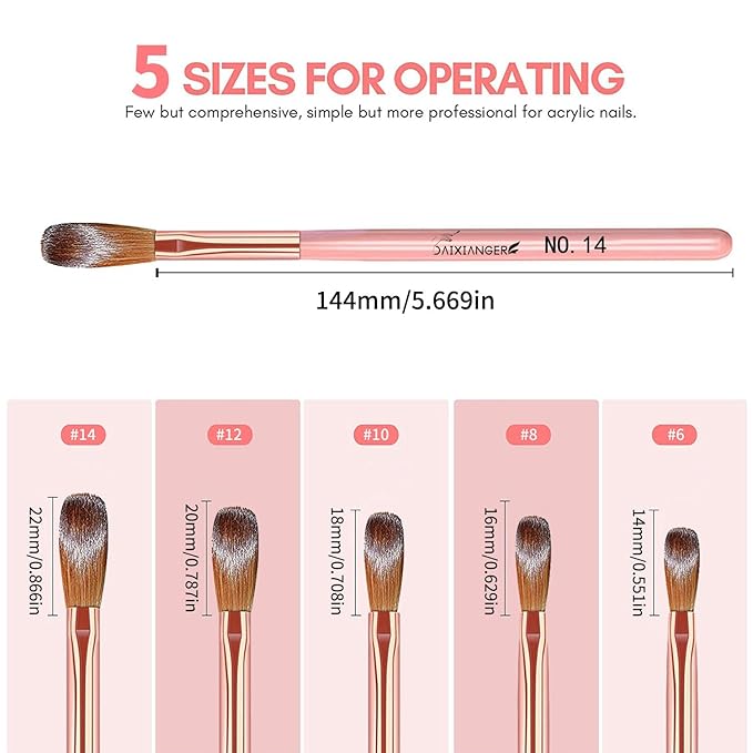 5Pcs Acrylic Nail Art Brush Set -Size 6/8/10/12/14, Rose Gold Handle Nail Brushes for Acrylic Application Powder & Nail Extension, 3D Nail Carving Tools for DIY Home Salon Manicure