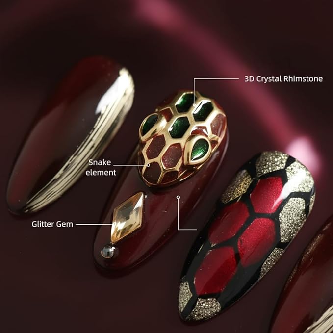 Dark Red Press on Nails Luxury Medium Almond, Handmade Fake Nails 3D Design with Snake Charm Rhinestones Glossy Full Cover Thick Acrylic Nails for Valentine's Day(Red Flame,M)