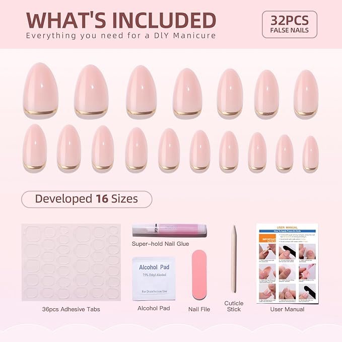 Pink Soft Gel Press on Nails Short Almond Shaped Glue on Nails Glossy Solid Color False Nails Golden Line French Thickened Fake Nails Full Cover Acrylic Nails for Women Nail Accessories 30 Pcs