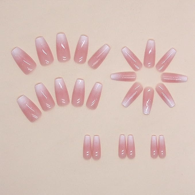 Pink Press on Nails Medium Coffin Fake Nails Gradient Pink False Nails with Design Glitter Glossy Glue on Nails Full Cover Acrylic Stick on Nail Ombre Artificial Nail for Women Manicure 24Pcs