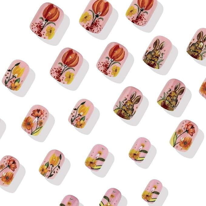 24 Pcs Easter Press on Nails Glossy Pink Square Medium Length Fake Nails Cute Easter Bunny Fake Nails Designs with Colorful Flower Full Cover False Nails Art Decoration for Women DIY Manicure