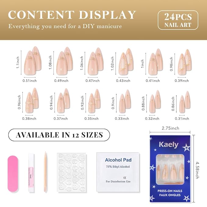 French Tips Press on Nails Almond Medium Length - Stiletto Acrylic Fake Nails with 3D Gold Line Cat Eye Floral Design, Reusable Glue-On Stick for Fall Flower Fashion Nails for Women