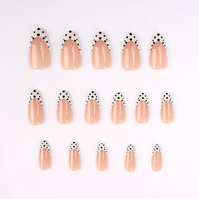 Press On Nails Almond Medium – Nude Pink French Tips with Black & White Polka Dot Design, 24PCS Glossy Acrylic Fake Nails, Reusable Stick On Nails Kit with Glue & Tools for Women, Trendy DIY Manicure