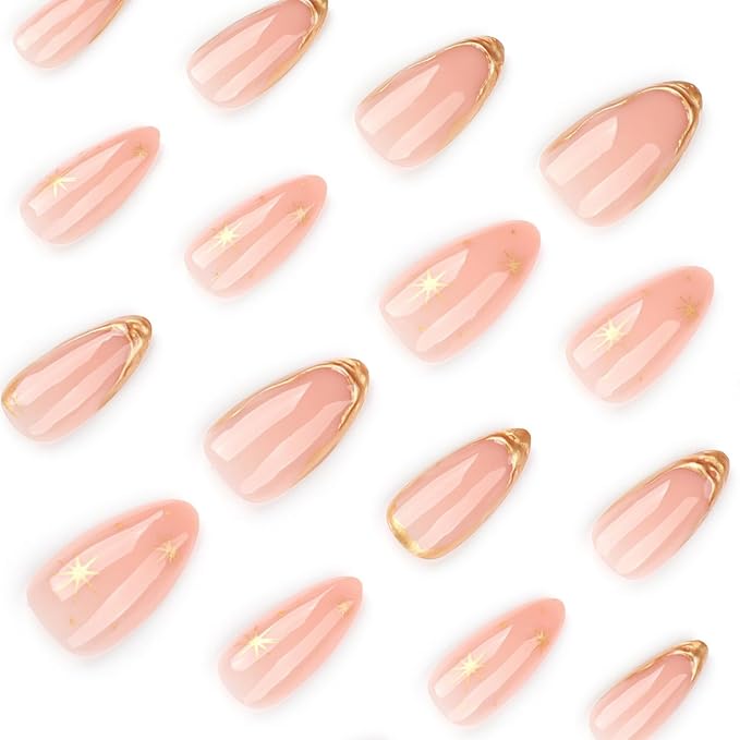 3D Press on Nails Medium Almond MABKJLF Gold French Tip Fake Nails False Nails with Stars Designs Nude Glossy Glue on Nails Full Cover Glossy Glue on Nails Acrylic Nails for Women Girls 24Pcs