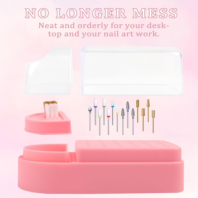 Nail Drill Bits Holder 2 in 1 Nail Drill Bits Cleaning Brush Case, 30 Holes Dustproof Acrylic Nail Drill Holder Storage Box, Nail Drill Bit Holder Stand Displayer Organizer for Home Salon Use (Pink)