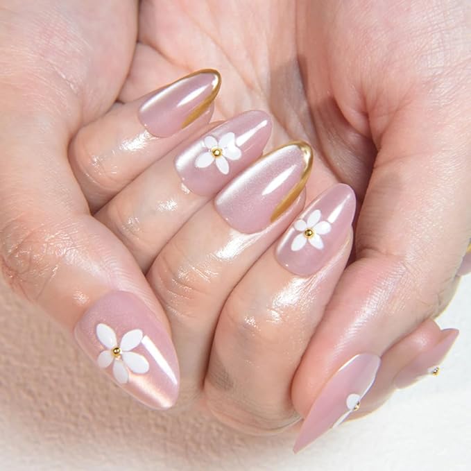 Spring Summer Nude Cat Eye Press On Nails, Short Almond Shape, 3D White Flower & Gold Line French Design, Salon Quality Reusable Acrylic Fake Nails for Women, Ideal for Parties & Daily Wear