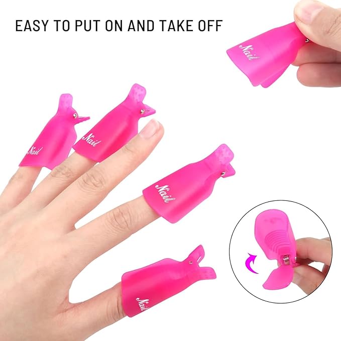 Gel Nail Polish Remover Kit with 10pcs Pink Nail Polish Remover Clips Cap, Dispenser Bottle,Gel Polish Cuticle Pusher, 400 PCS Cotton Pads, Handle Brushes, Nail File, Buffer Block