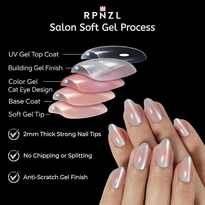 Press On Nails - Halo | White and Pink Cat Eye, UV Finish Medium Almond Nails, Salon Quality | 32 Nails, 16 Sizes Kit with Glue and Adhesive Tabs I Female Founded