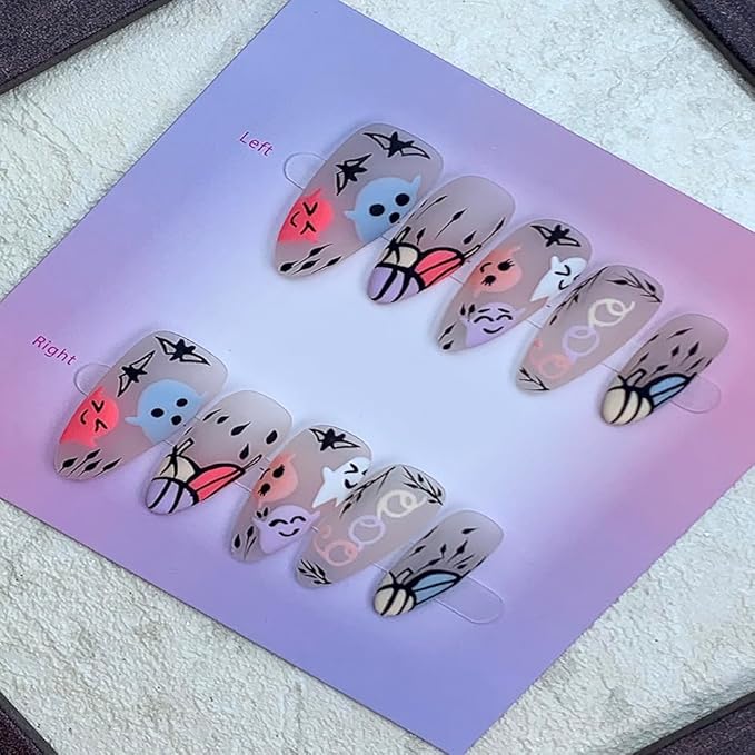 100% Handmade Press on Nails Medium Almond Handmade Nails with Cute Ghost Design Halloween False Nails Glossy Yellow Pumpkin Nail Press ons Reusable Holiday Fake Nails for Women Girls Size M 10Pcs