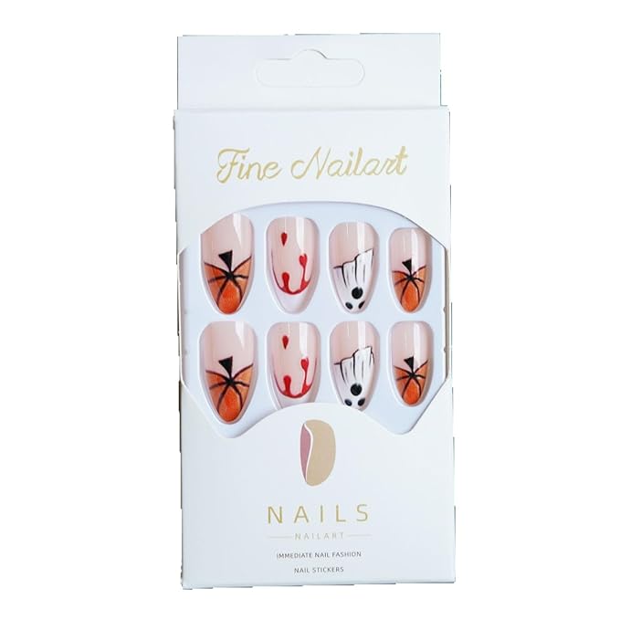 24 Pcs Halloween Press on Nails, French Almond Fake Nails, Glossy Acrylic False Nail with Ghost Pumpkin Blood Stain Designs, Stick on Nails for Women and Girls
