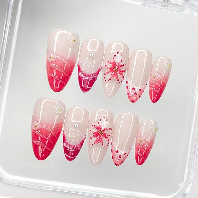Luxury Press on Nails Medium Almond Handmade 3D Unique Reusable ABS Material Fake Nails Pink False Nails with Designs Floral Art Petal Glossy Glue on Nails Thick Acrylic Nails(S)
