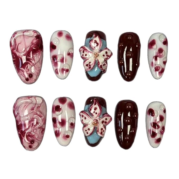Handmade Press on Nails Medium Almond Fake Nails with Glue,Tropical Flower Nails with 3D Lines Designs Wine Red Acrylic Nails Nature Stick on Nail False Nails for Wome (Size M)