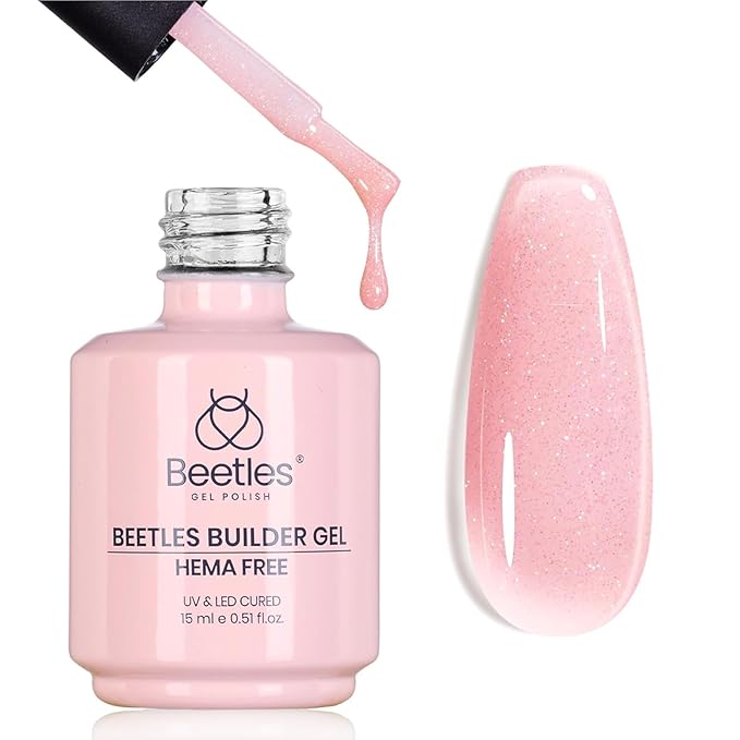 Beetles Builder Gel for Nails HEMA-Free, 15 ML 7 in 1 Pink Glitter Builder Nail Gel for Nail Apex & Nail Extension Builder Strengthening Nail Art Design for Beginner Women,UV & LED Lamp Needed