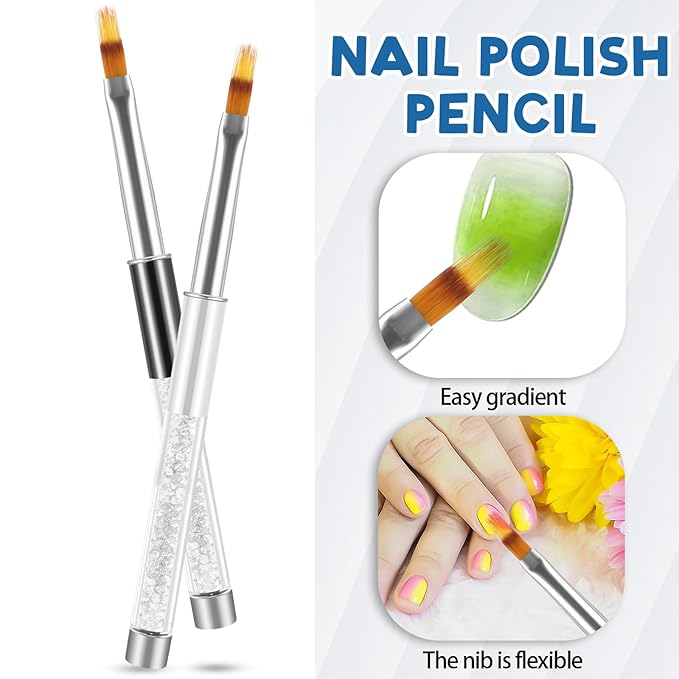 2 Pcs Nail Gradient Painting Brush Nail Art Brushes Ombre Nail Brush Manicure Tools with Rhinestone Handle UV Gel Polish Nail Drawing Pen for Nail Design