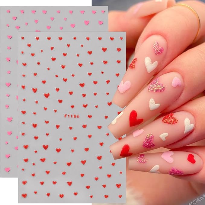 6 Sheets Valentines Nail Stickers 3D Self-Adhesive Mini Heart Nail Art Stickers Set Glitter Pink Red Heart Nails Design Decal Romantic Valentine Stickers for Nails DIY Women Manicure Decoration