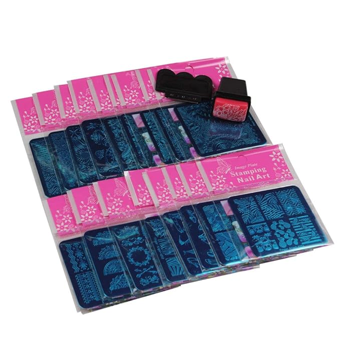 20Pcs Mix Designs Nail Plates +1 Pcs Nail Art Stamper + 1 Scraper Image Stamp Stamping Plates Manicure Template Nail Art Tools (A036-55)