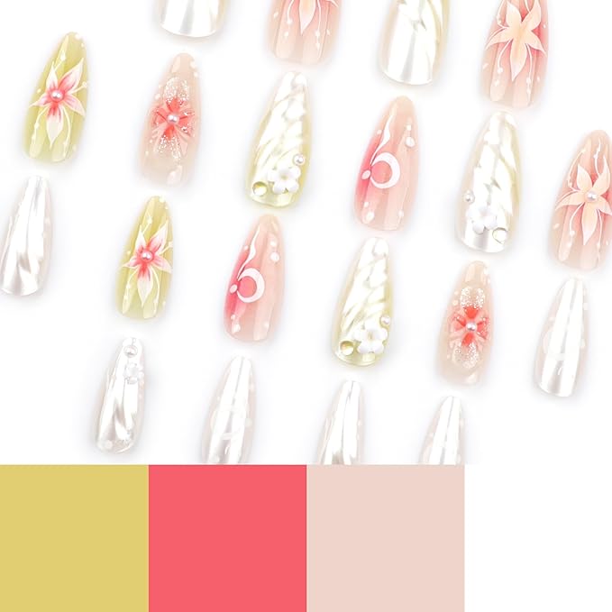Almond Press on Nails Medium Fake Nails Ombre with 3D Flower Design Glossy Full Cover False Nails for Women Manicure 24Pcs